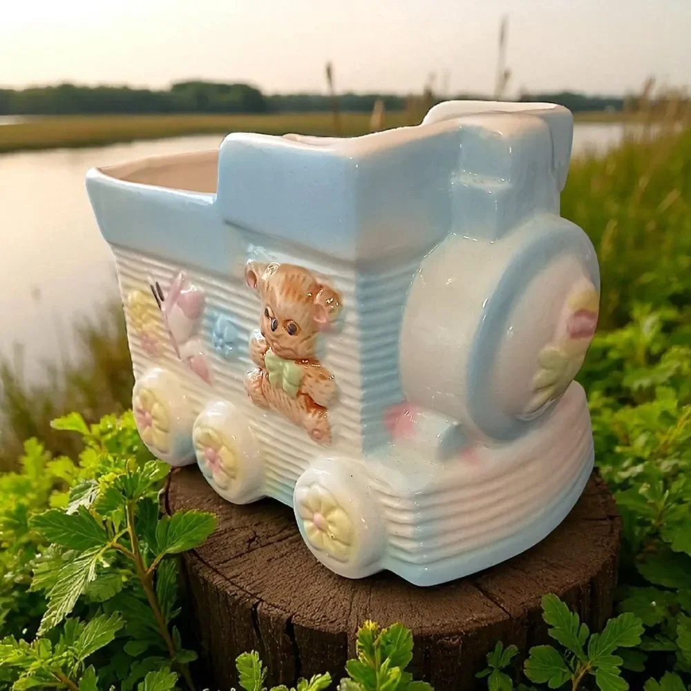 Vintage Baby Planter Decor Vase Ceramic Train Bear Butterfly‎ Colorful Large MCM